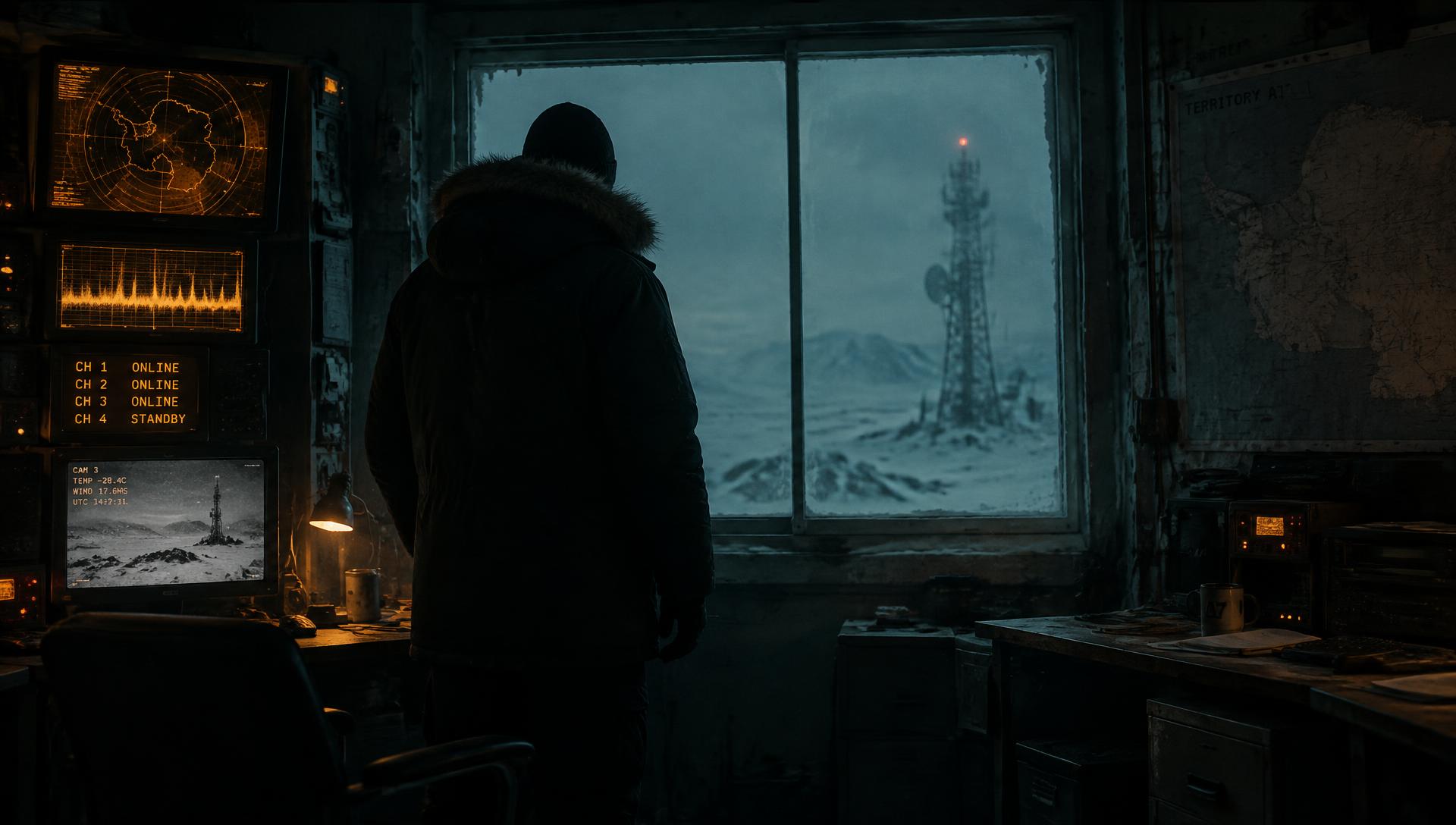 A filmmaker's cinematic still from an Arctic communications station